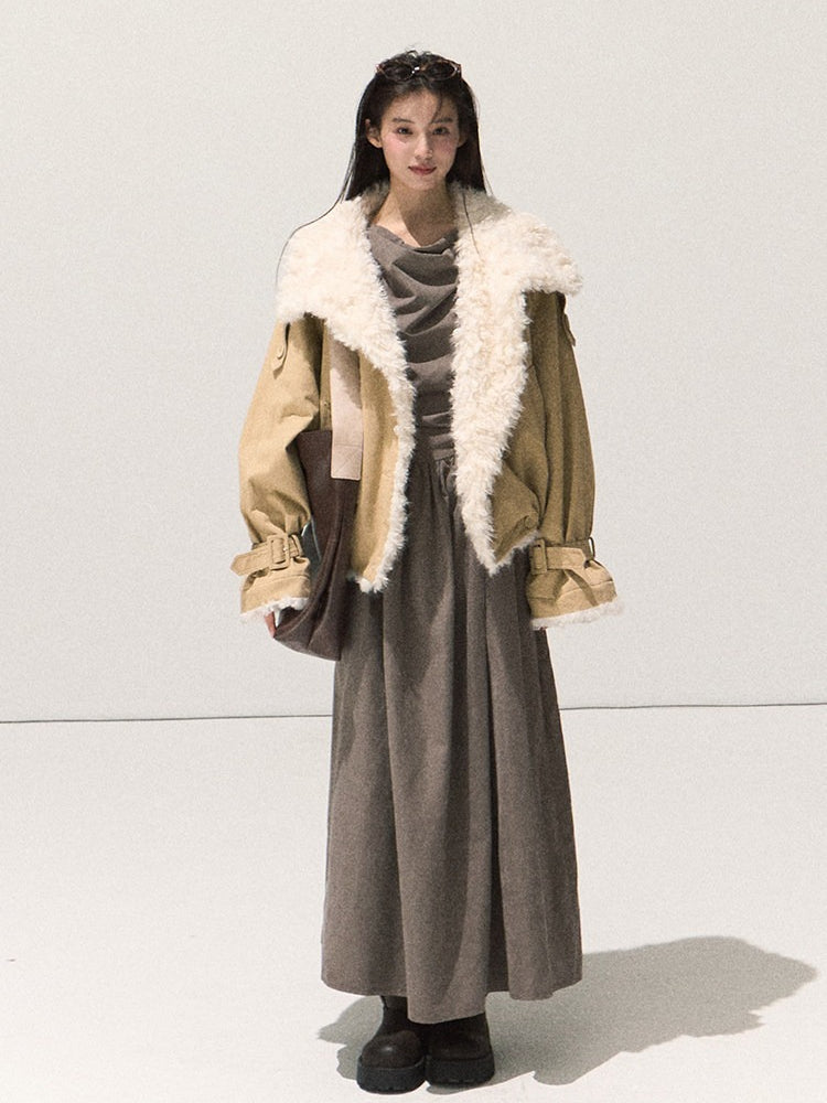 OAKMOO/ Cropped Faux Leather Shearling-Collar Jacket (Rich Black / Hazelnut Khaki)
