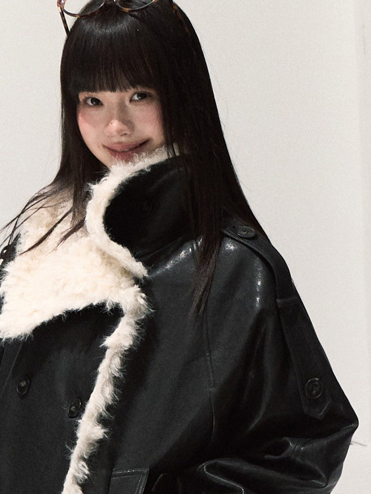 OAKMOO/ Cropped Faux Leather Shearling-Collar Jacket (Rich Black / Hazelnut Khaki)