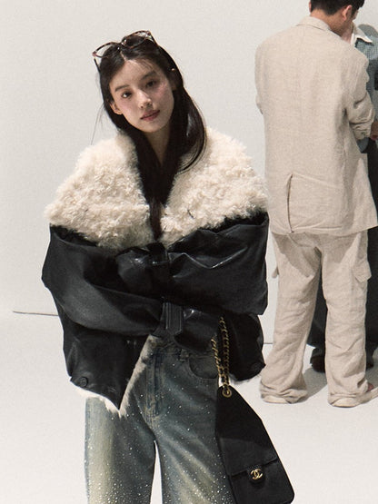 OAKMOO/ Cropped Faux Leather Shearling-Collar Jacket (Rich Black / Hazelnut Khaki)