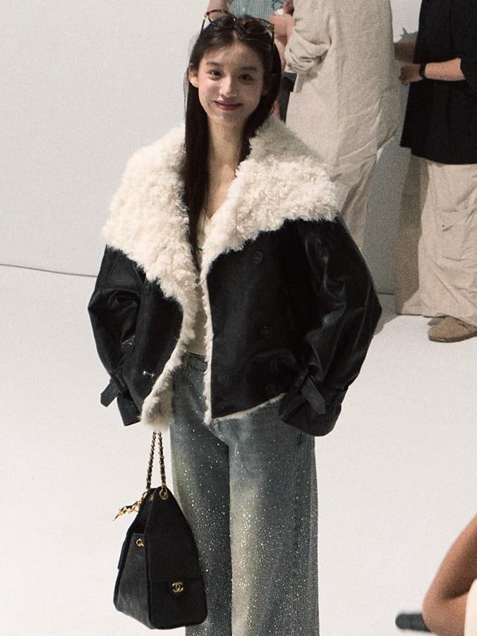 OAKMOO/ Cropped Faux Leather Shearling-Collar Jacket (Rich Black / Hazelnut Khaki)
