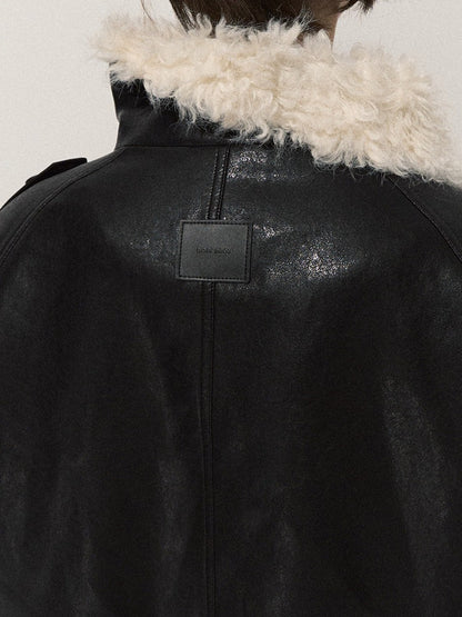 OAKMOO/ Cropped Faux Leather Shearling-Collar Jacket (Rich Black / Hazelnut Khaki)