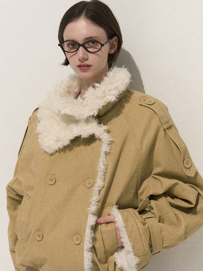 OAKMOO/ Cropped Faux Leather Shearling-Collar Jacket (Rich Black / Hazelnut Khaki)