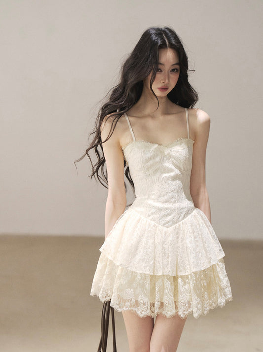 AOMALM - French Lace Double-Ruffle Camisole Dress