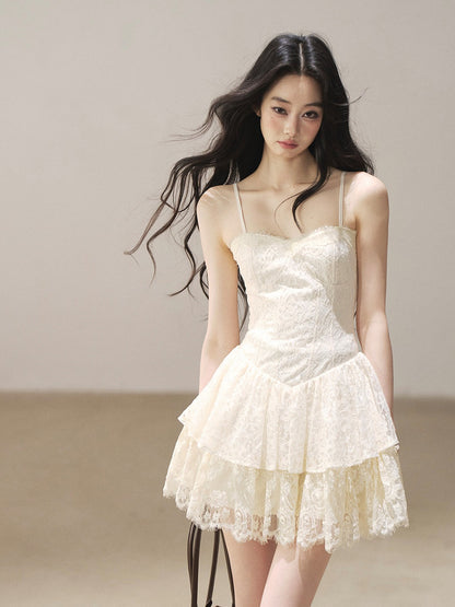 AOMALM - French Lace Double-Ruffle Camisole Dress