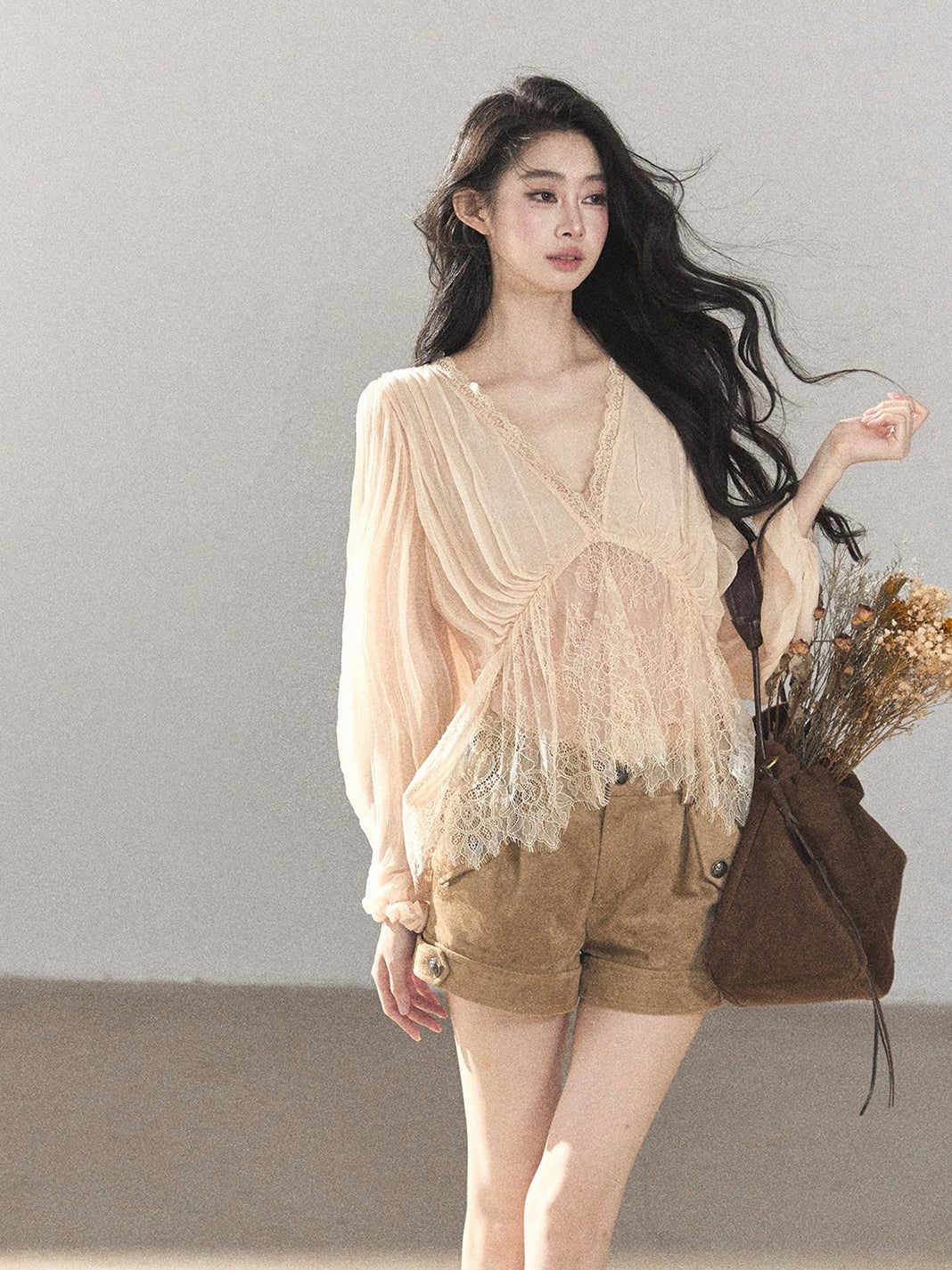 AOMALM - Blush Pink Lace-Trim Chiffon Blouse & Cami Set