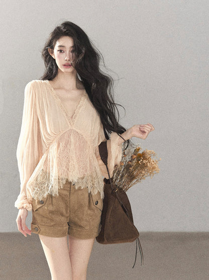 AOMALM - Blush Pink Lace-Trim Chiffon Blouse & Cami Set