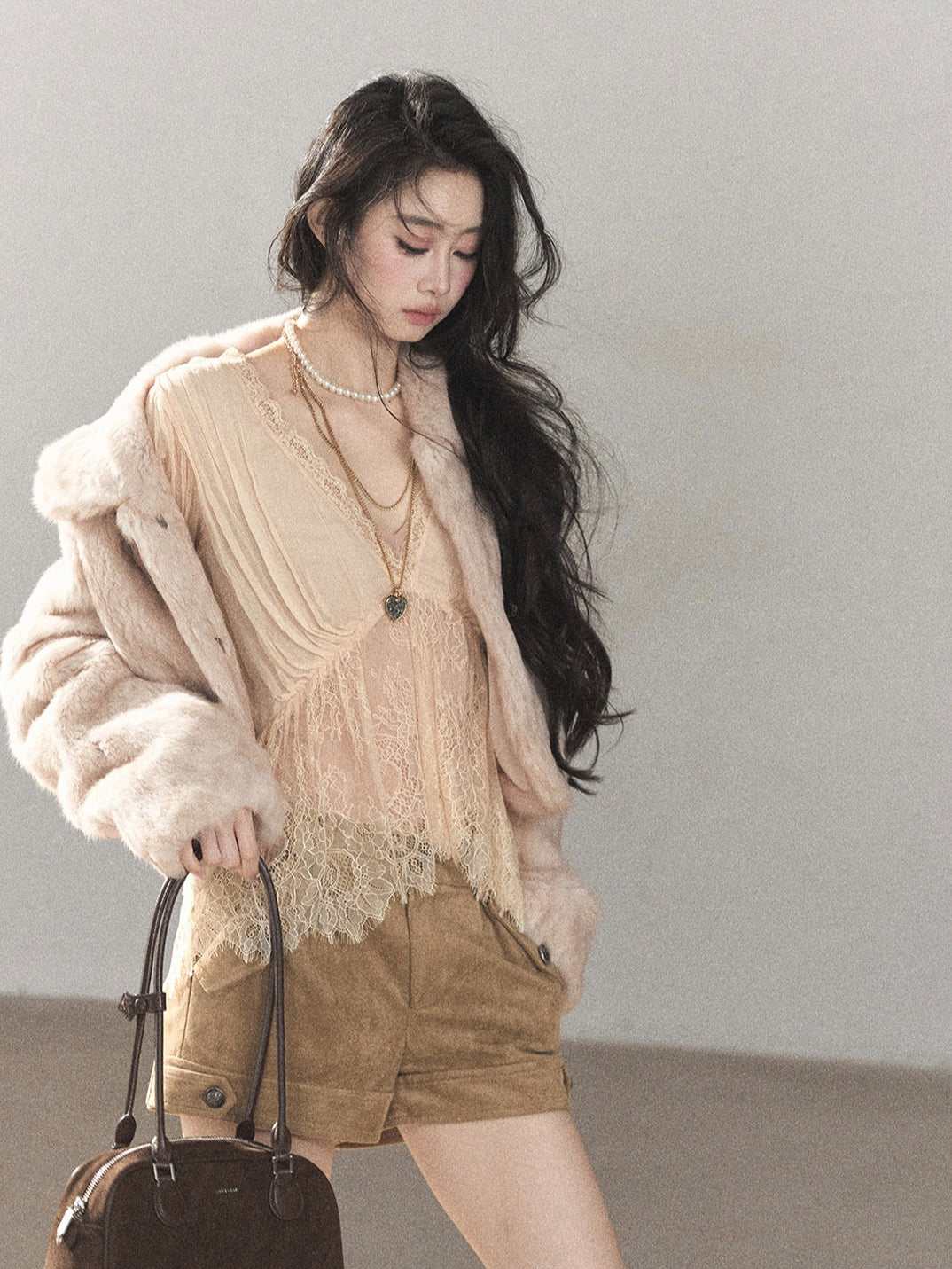 AOMALM - Blush Pink Lace-Trim Chiffon Blouse & Cami Set