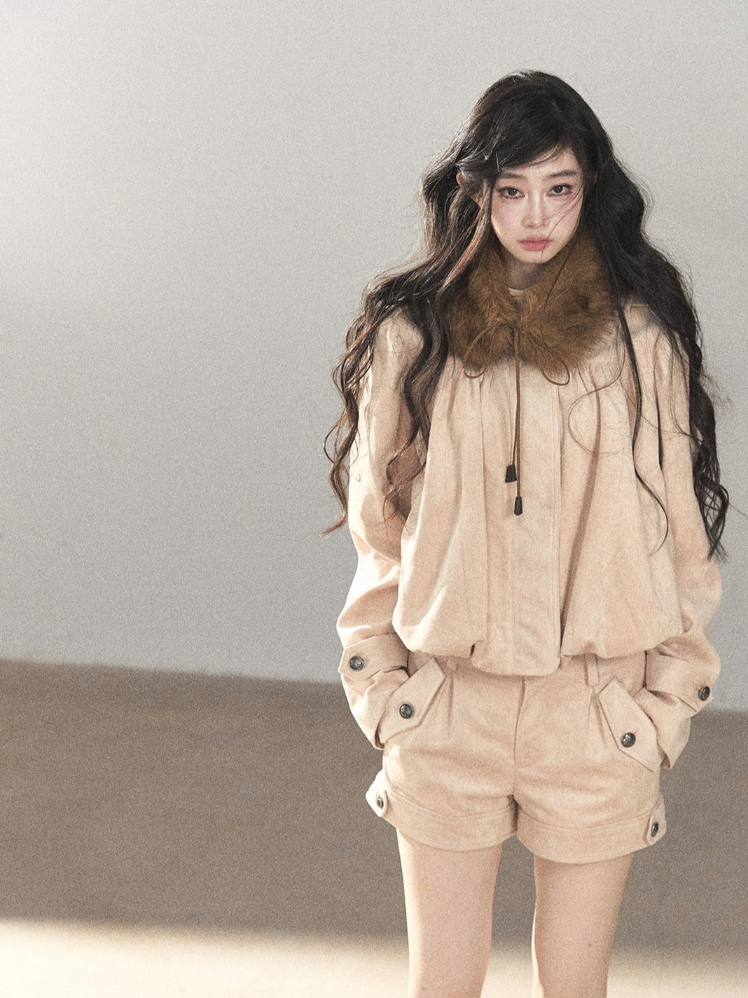 AOMALM - Mauve Faux Suede Jacket & Cargo Shorts Set