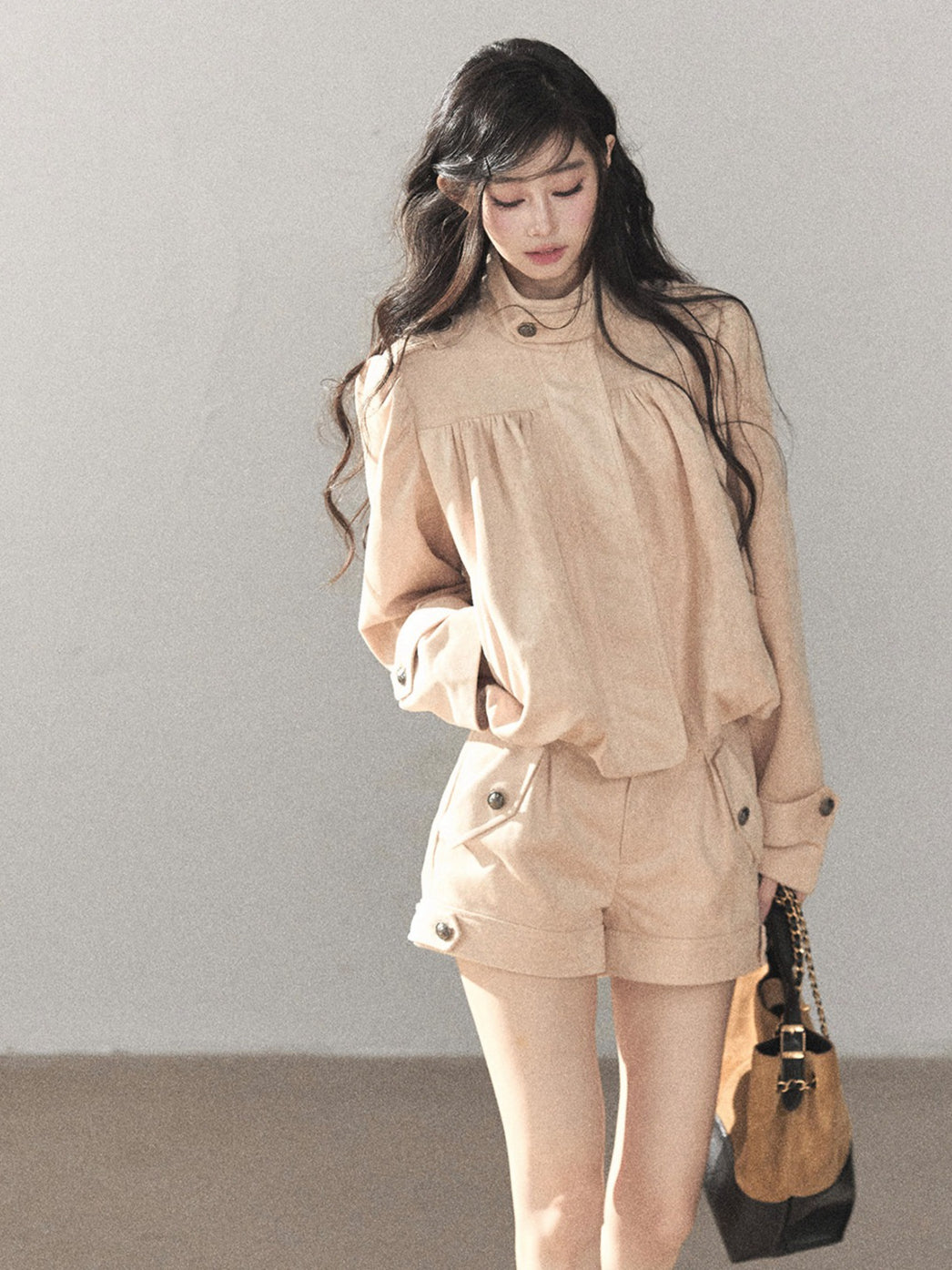AOMALM - Mauve Faux Suede Jacket & Cargo Shorts Set