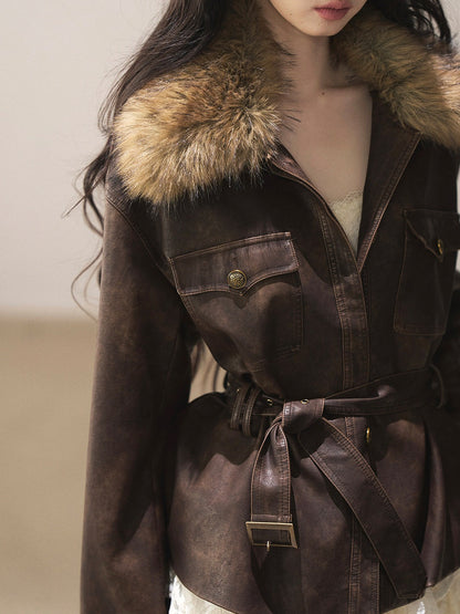AOMALM - Chestnut Brown Vintage PU Leather Jacket with Faux-Fur Collar & Belt
