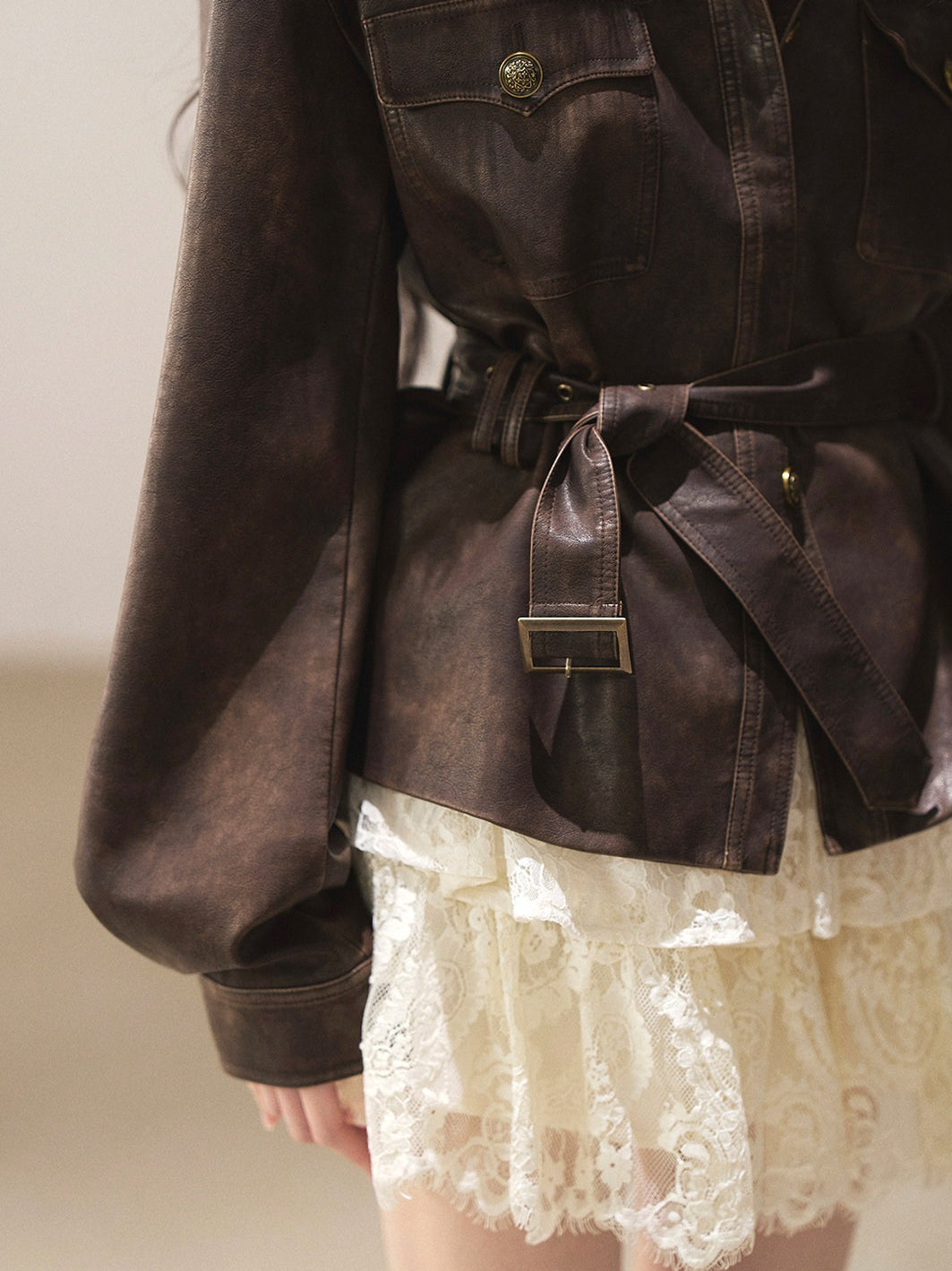 AOMALM - Chestnut Brown Vintage PU Leather Jacket with Faux-Fur Collar & Belt