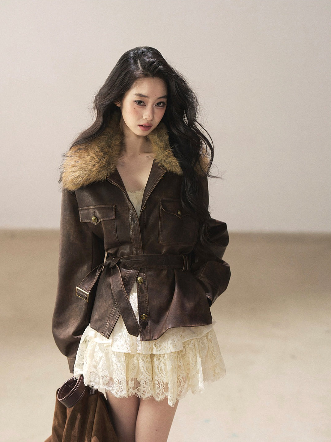 AOMALM - Chestnut Brown Vintage PU Leather Jacket with Faux-Fur Collar & Belt