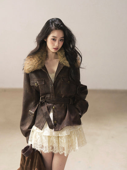 AOMALM - Chestnut Brown Vintage PU Leather Jacket with Faux-Fur Collar & Belt