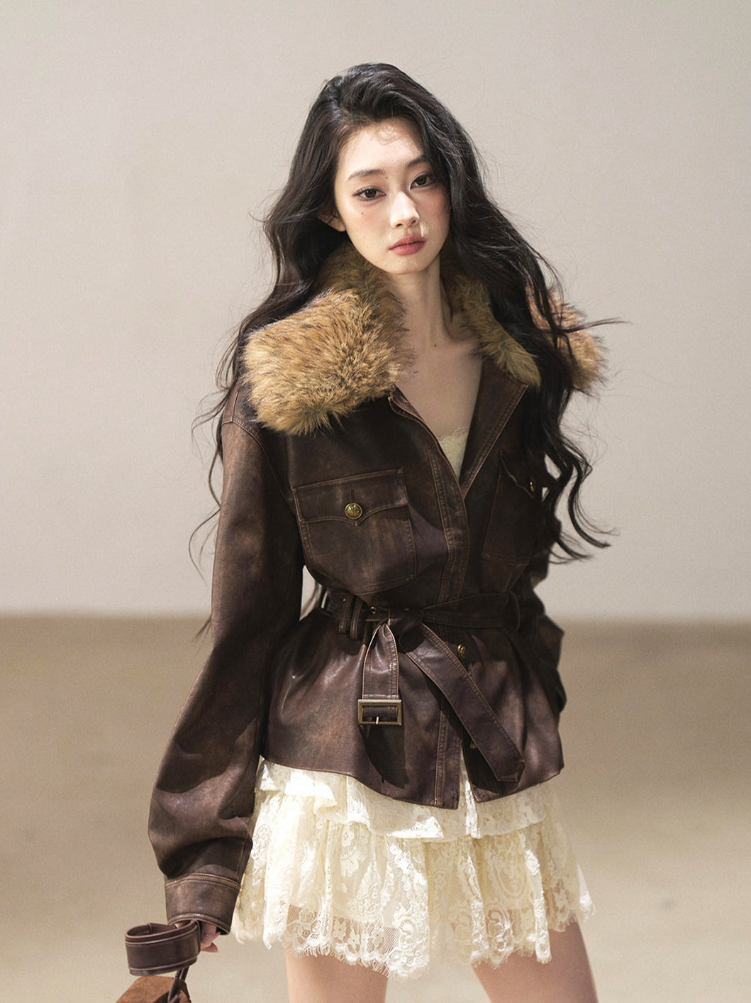 AOMALM - Chestnut Brown Vintage PU Leather Jacket with Faux-Fur Collar & Belt