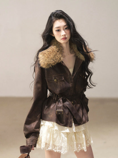 AOMALM - Chestnut Brown Vintage PU Leather Jacket with Faux-Fur Collar & Belt