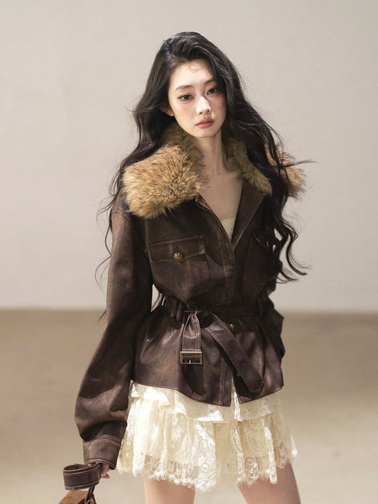 AOMALM - Chestnut Brown Vintage PU Leather Jacket with Faux-Fur Collar & Belt