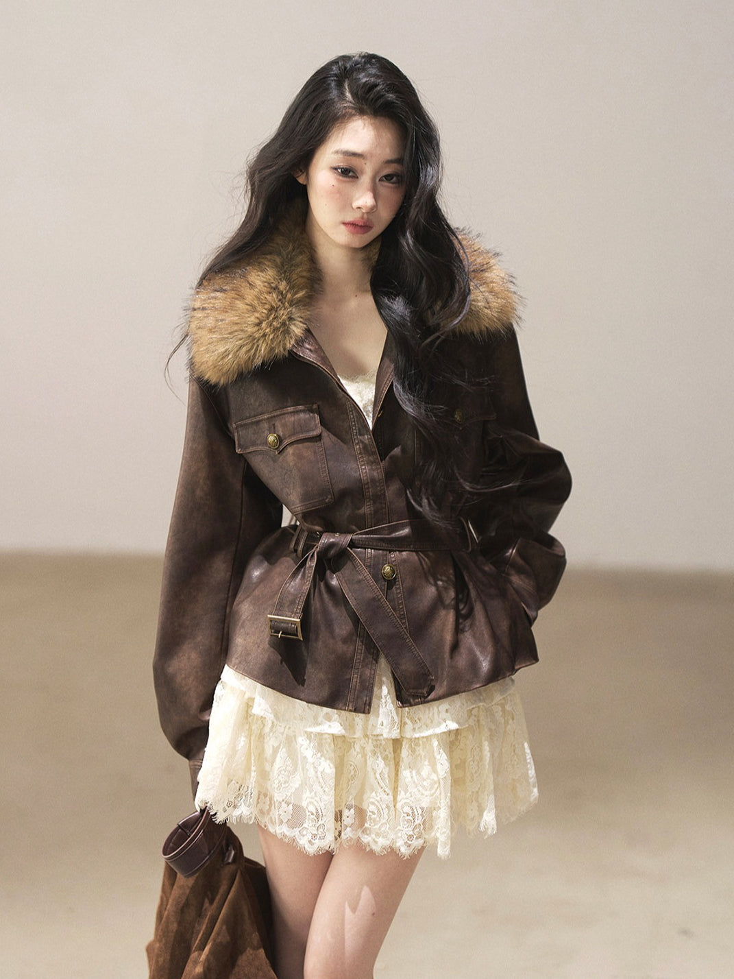 AOMALM - Chestnut Brown Vintage PU Leather Jacket with Faux-Fur Collar & Belt