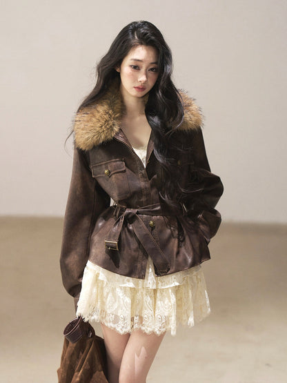 AOMALM - Chestnut Brown Vintage PU Leather Jacket with Faux-Fur Collar & Belt