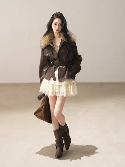AOMALM - Chestnut Brown Vintage PU Leather Jacket with Faux-Fur Collar & Belt