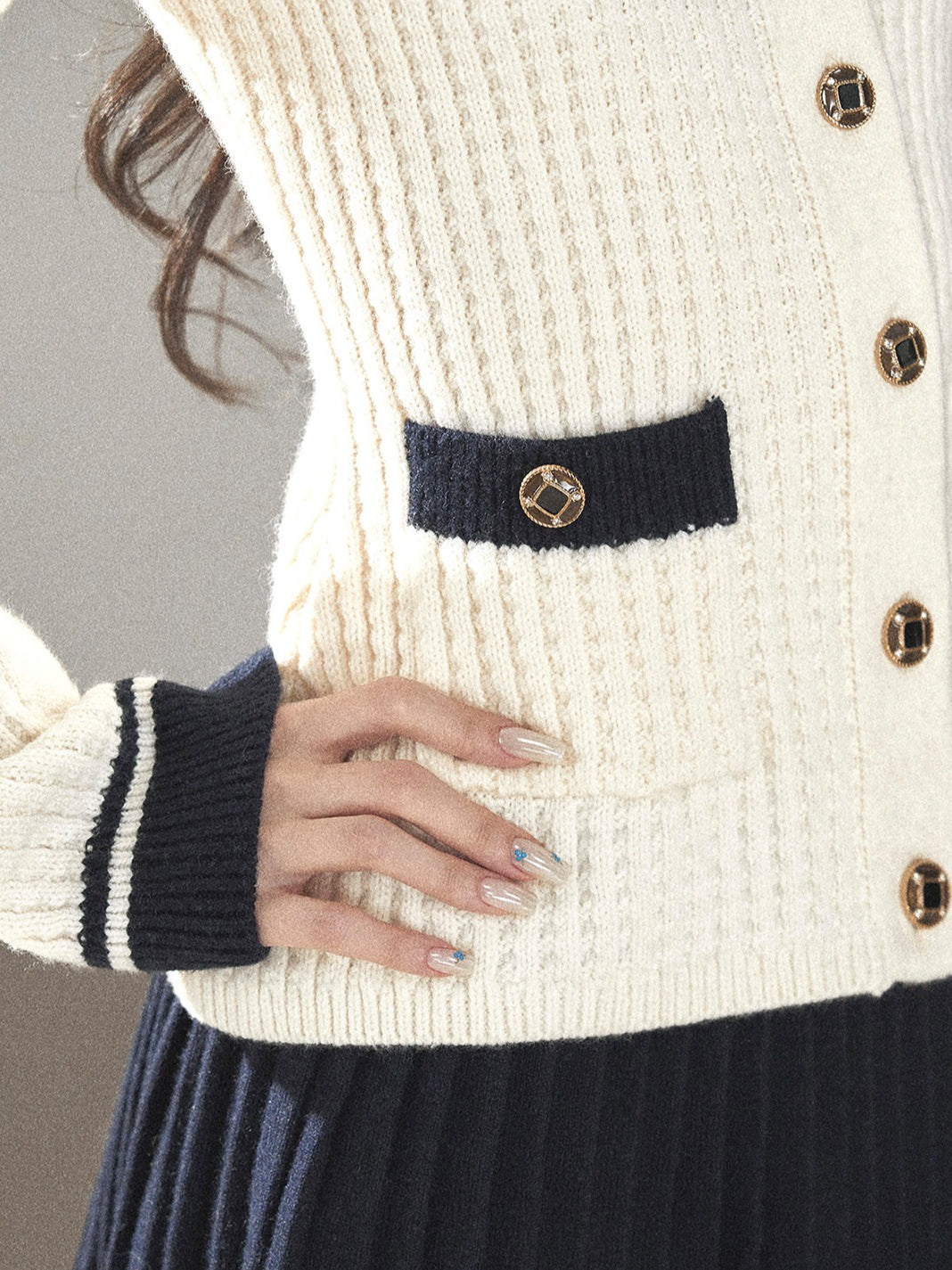 AOMALM - Creamy Off-White Cardigan & Navy Mini Skirt Set