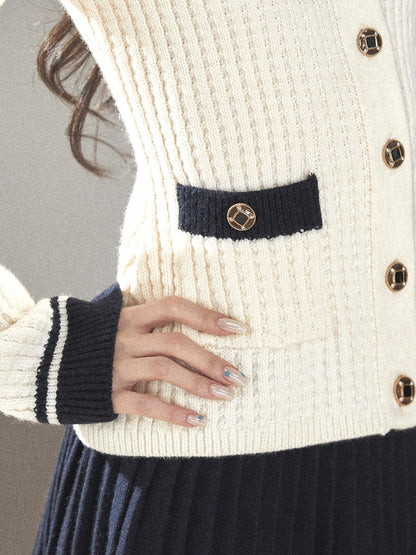 AOMALM - Creamy Off-White Cardigan & Navy Mini Skirt Set