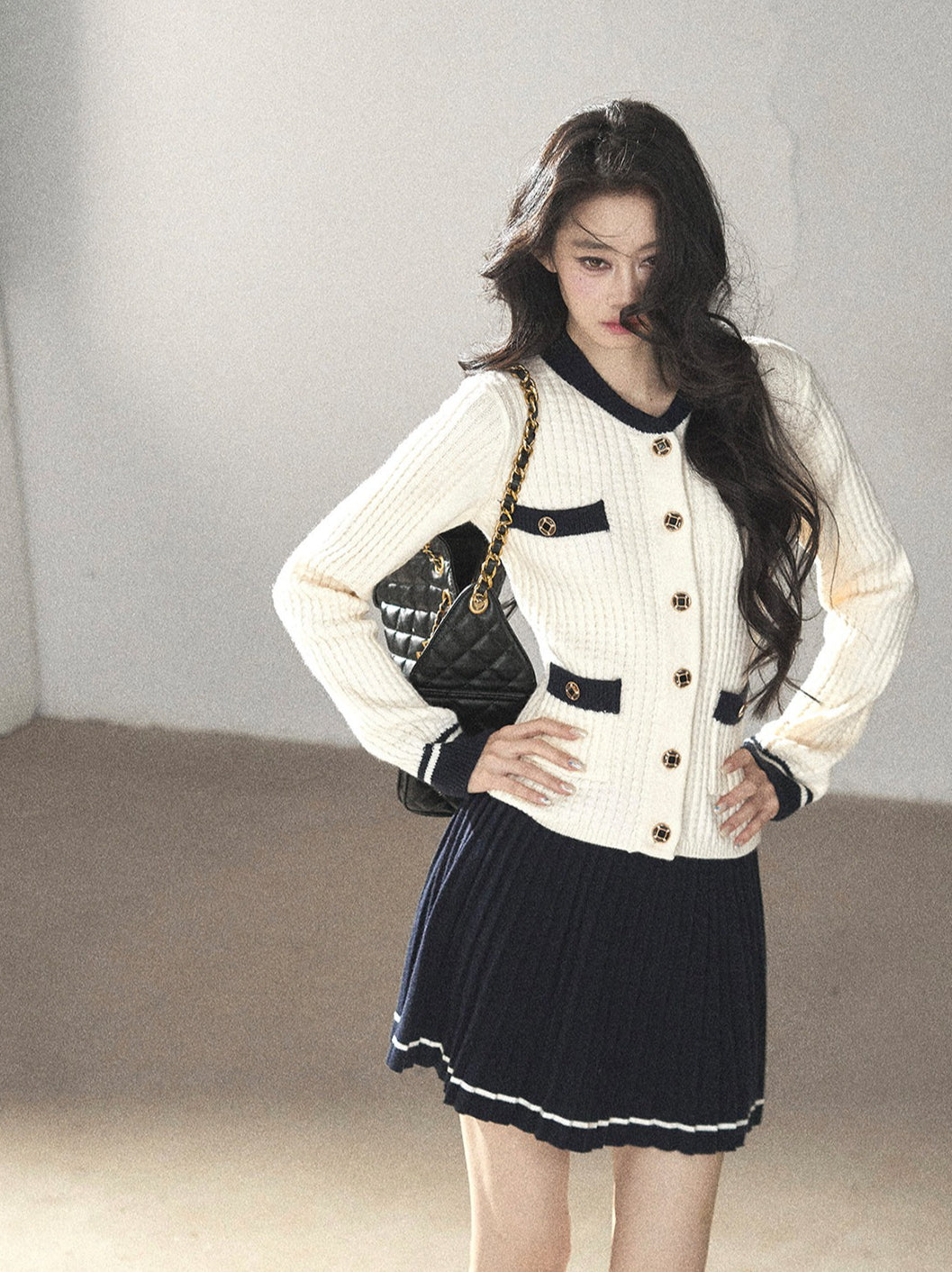 AOMALM - Creamy Off-White Cardigan & Navy Mini Skirt Set