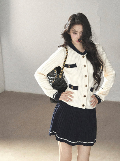 AOMALM - Creamy Off-White Cardigan & Navy Mini Skirt Set