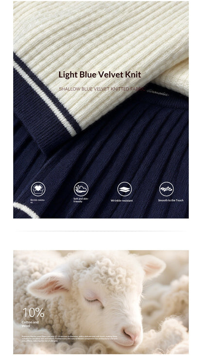 AOMALM - Creamy Off-White Cardigan & Navy Mini Skirt Set