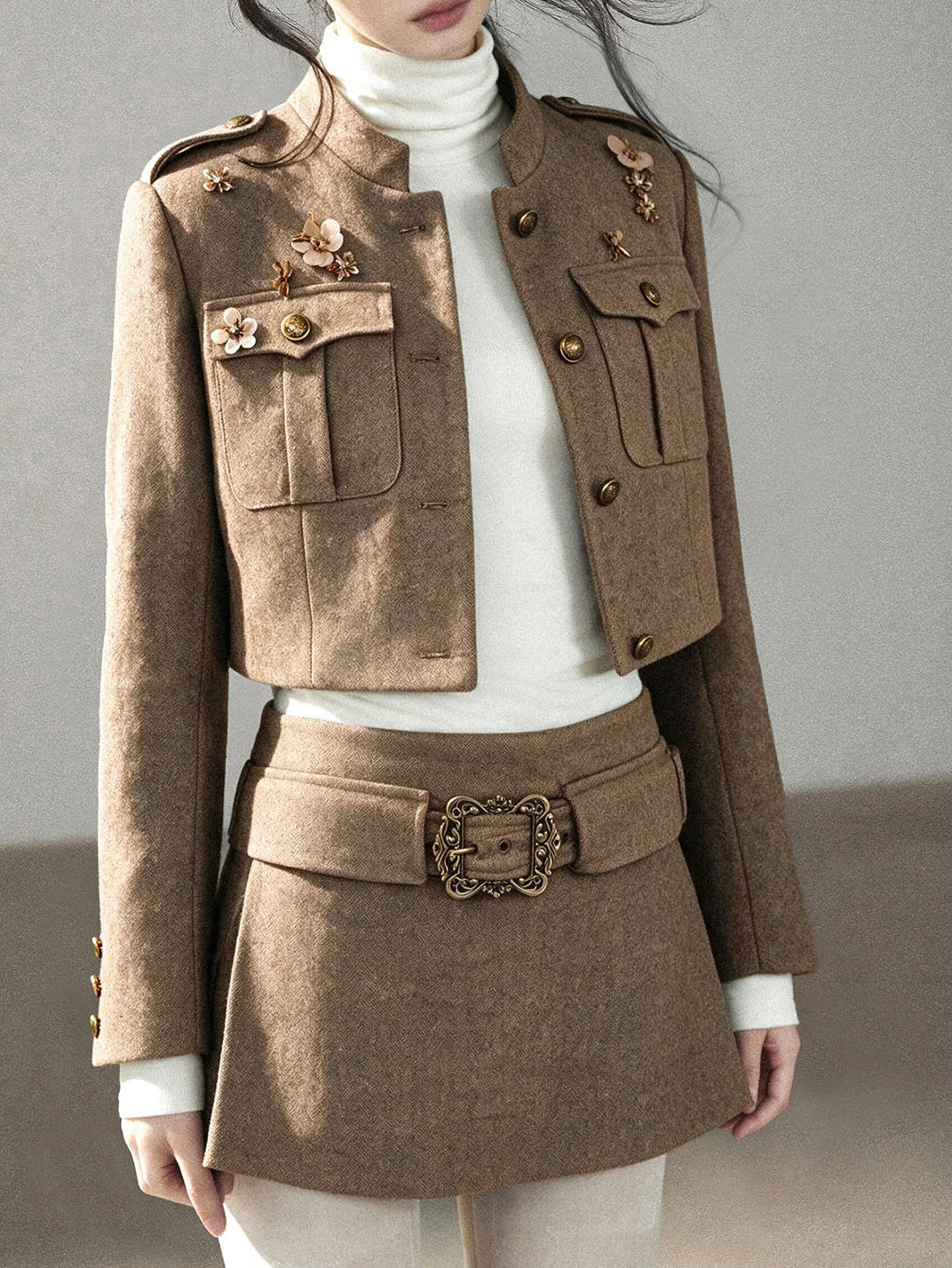 AOMALM - Slate Brown Blazer, Top & Mini Skirt Set with Belt
