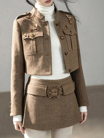 AOMALM - Slate Brown Blazer, Top & Mini Skirt Set with Belt