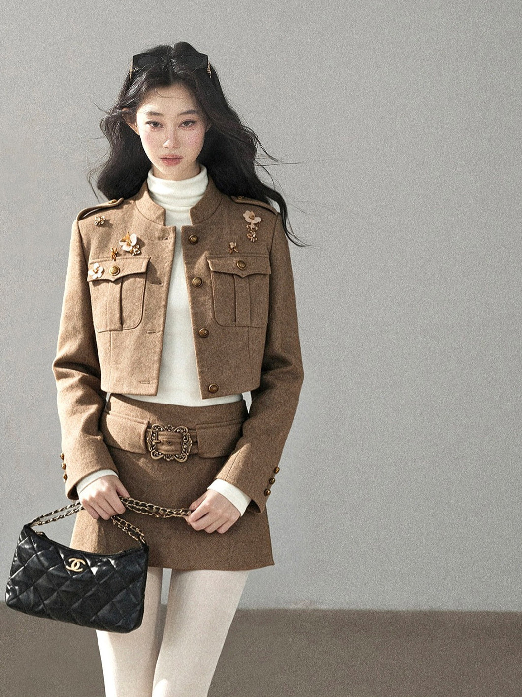 AOMALM - Slate Brown Blazer, Top & Mini Skirt Set with Belt