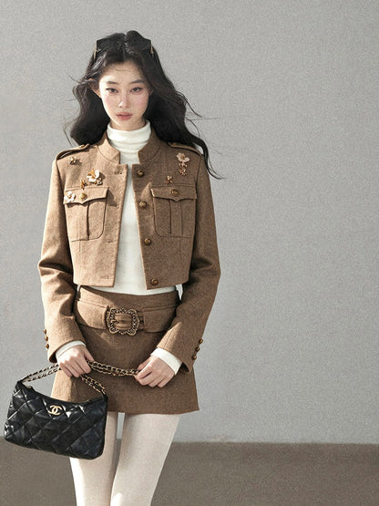 AOMALM - Slate Brown Blazer, Top & Mini Skirt Set with Belt