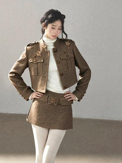 AOMALM - Slate Brown Blazer, Top & Mini Skirt Set with Belt