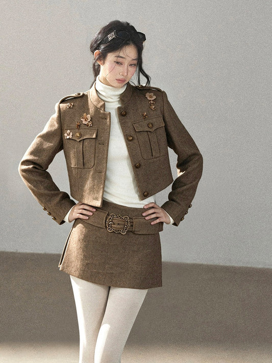 AOMALM - Slate Brown Blazer, Top & Mini Skirt Set with Belt