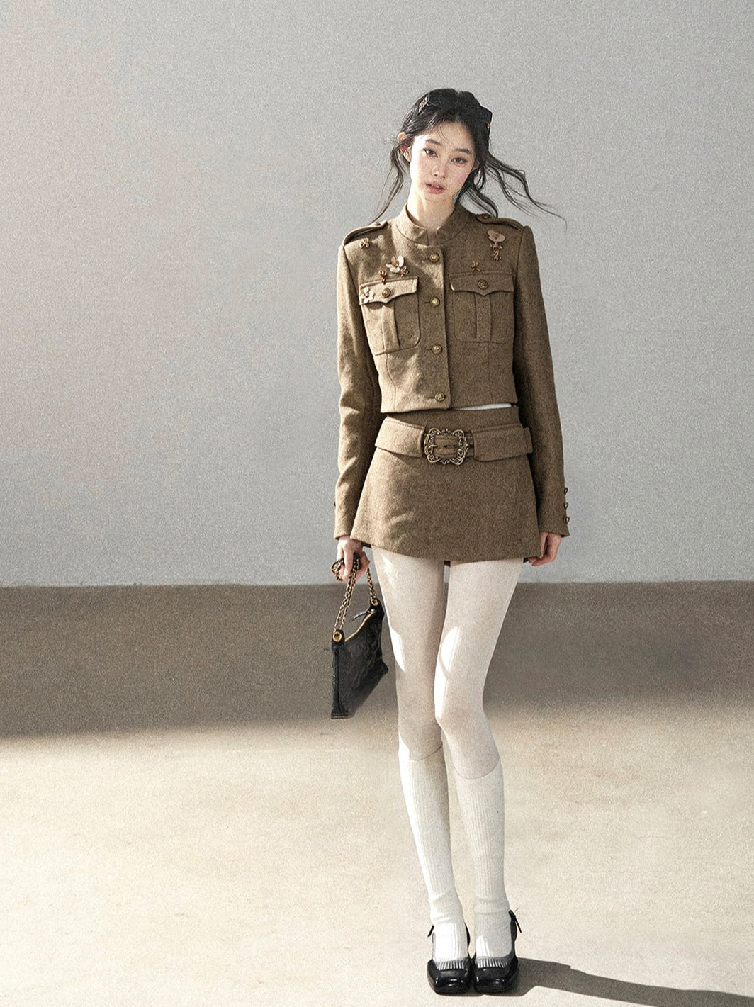 AOMALM - Slate Brown Blazer, Top & Mini Skirt Set with Belt