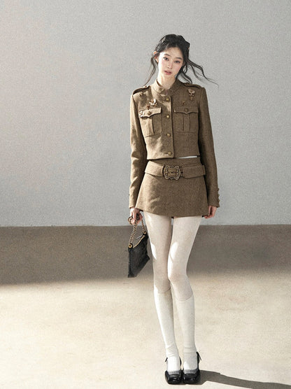 AOMALM - Slate Brown Blazer, Top & Mini Skirt Set with Belt