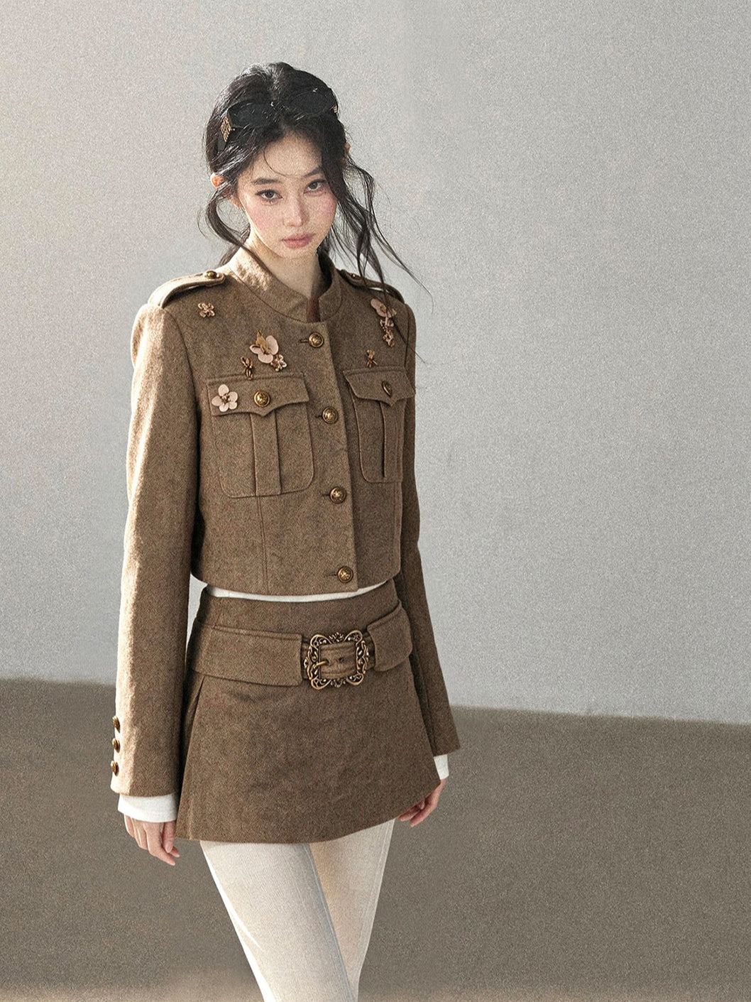 AOMALM - Slate Brown Blazer, Top & Mini Skirt Set with Belt