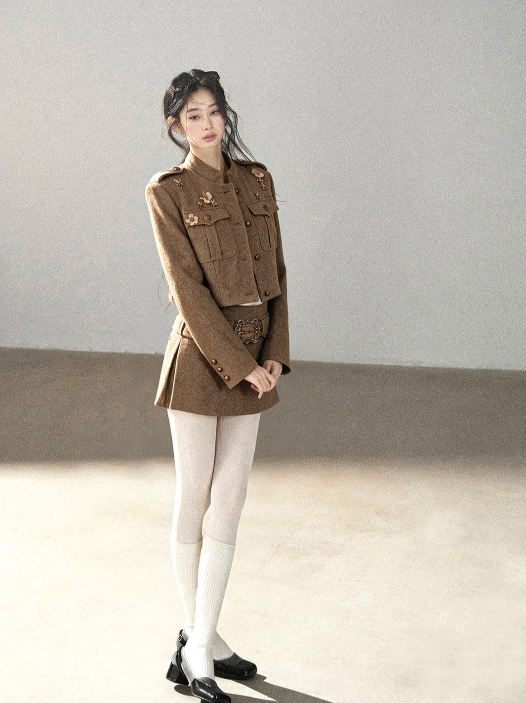 AOMALM - Slate Brown Blazer, Top & Mini Skirt Set with Belt