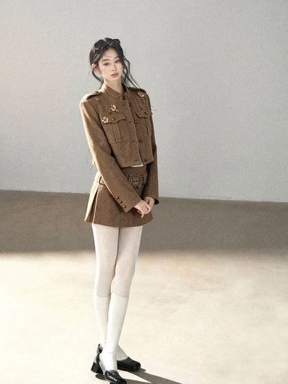 AOMALM - Slate Brown Blazer, Top & Mini Skirt Set with Belt