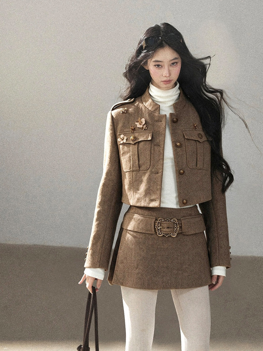 AOMALM - Slate Brown Blazer, Top & Mini Skirt Set with Belt