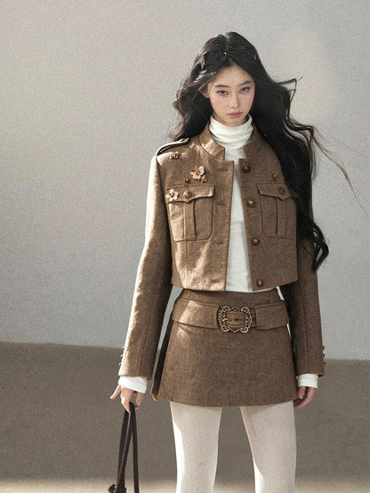 AOMALM - Slate Brown Blazer, Top & Mini Skirt Set with Belt