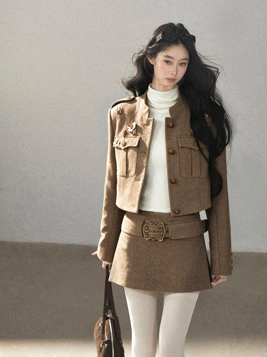 AOMALM - Slate Brown Blazer, Top & Mini Skirt Set with Belt