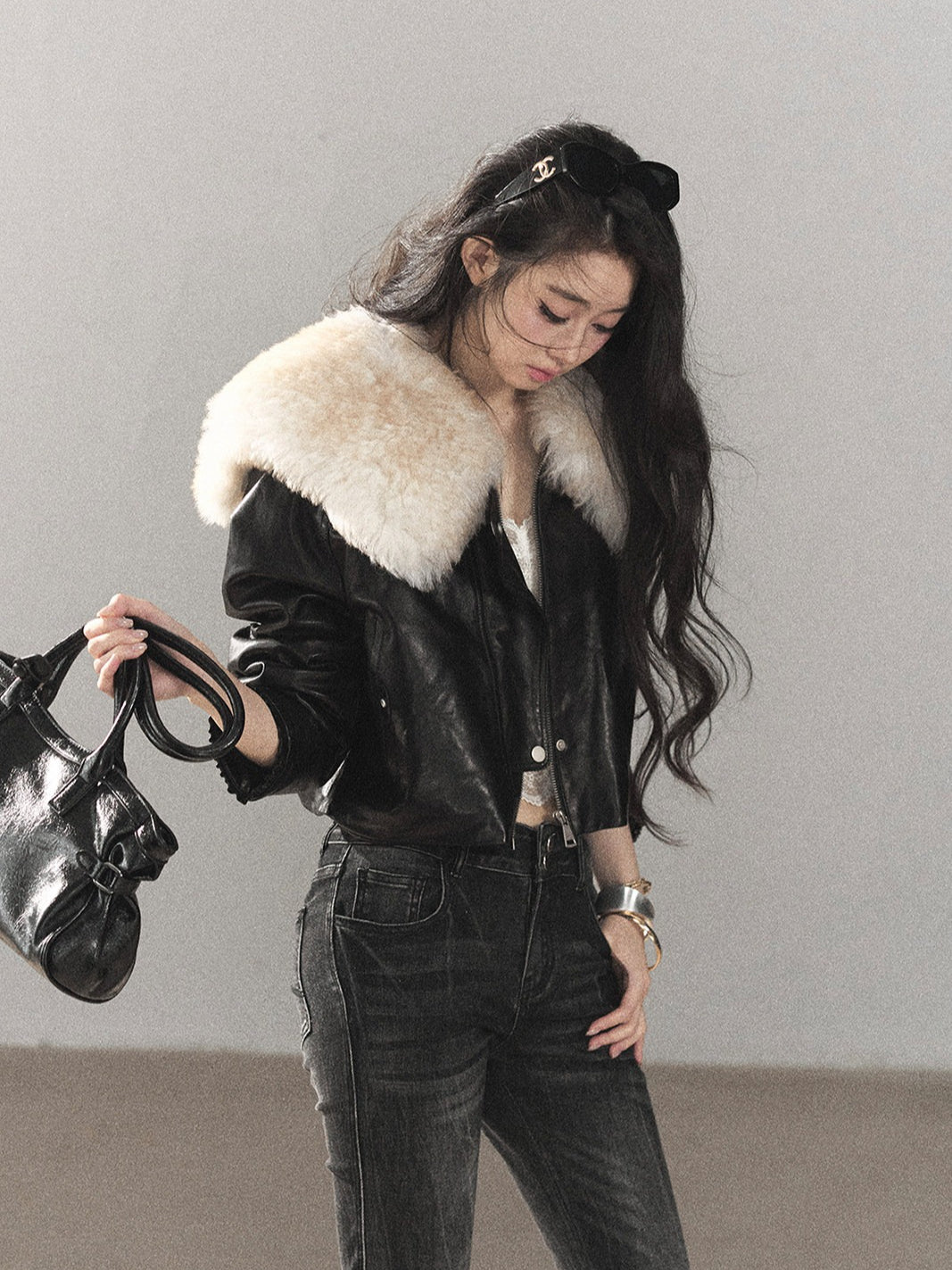 AOMALM - Black Lambskin Leather Goose Down Jacket