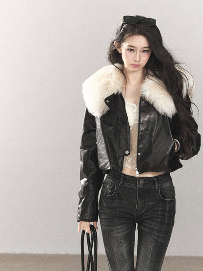 AOMALM - Black Lambskin Leather Goose Down Jacket