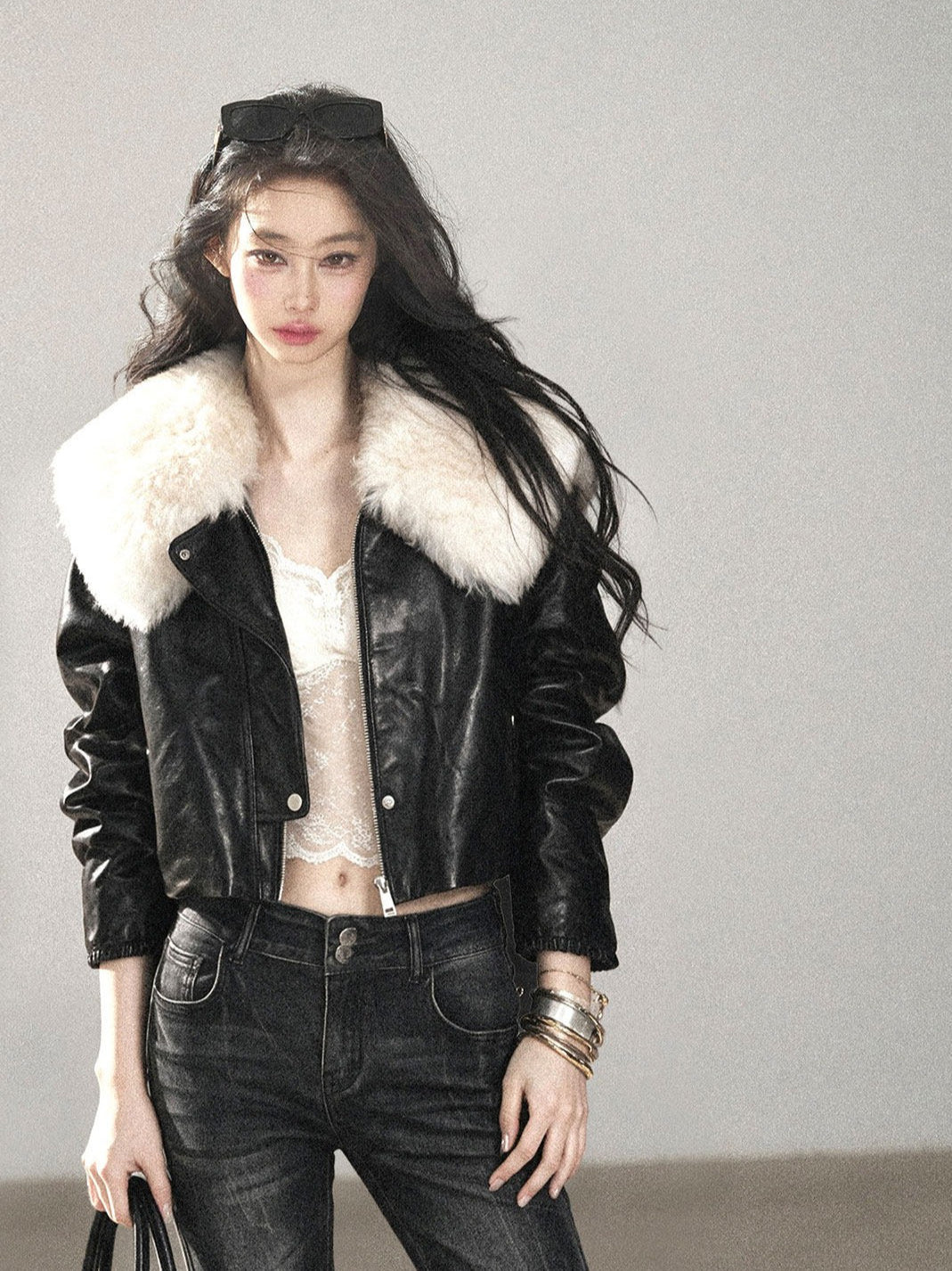 AOMALM - Black Lambskin Leather Goose Down Jacket