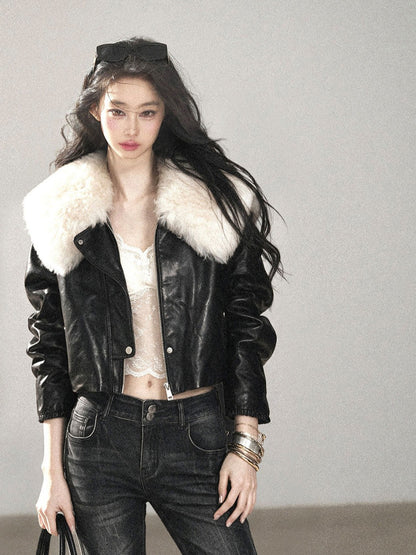 AOMALM - Black Lambskin Leather Goose Down Jacket