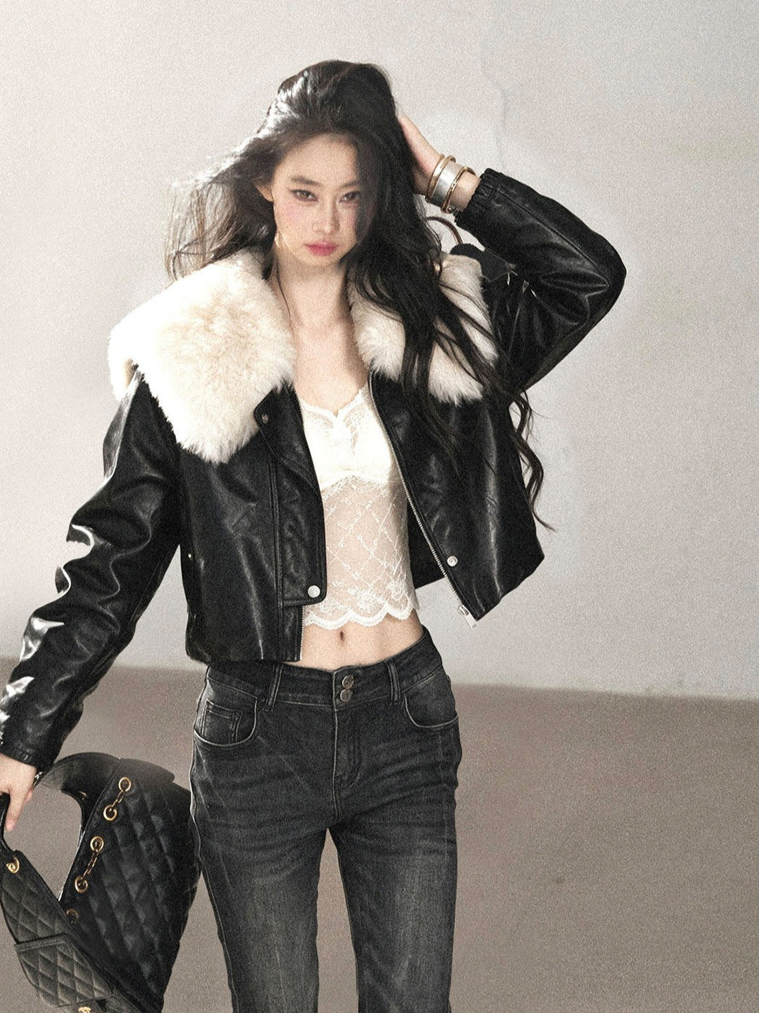 AOMALM - Black Lambskin Leather Goose Down Jacket
