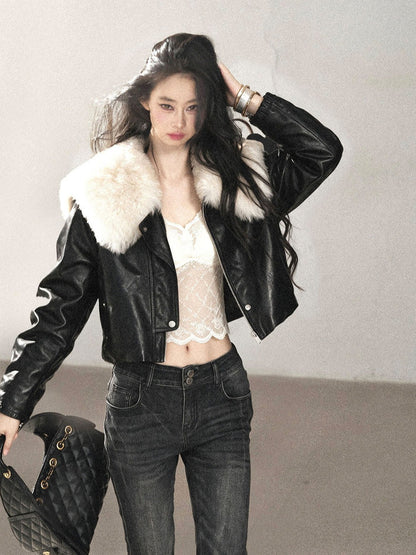 AOMALM - Black Lambskin Leather Goose Down Jacket