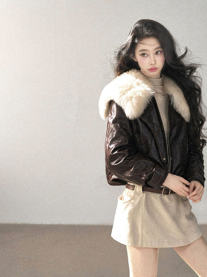 AOMALM - Chestnut Brown Lambskin Leather Goose Down Jacket