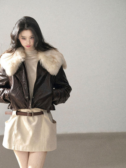 AOMALM - Chestnut Brown Lambskin Leather Goose Down Jacket